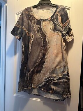 Women's Abstract Marble Print Short Sleeve Tunic - Neutral Taupe